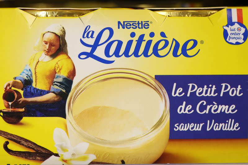 FILE PHOTO: A view of Nestle, La Laitiere product cover in a supermarket in Paris