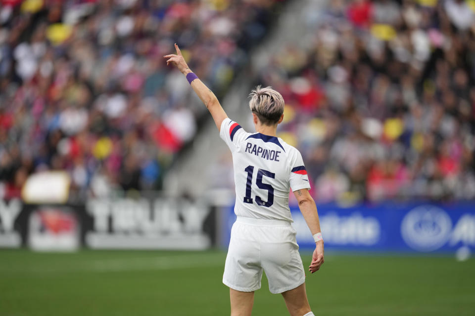 Megan Rapinoe #15 of the United States inters the field during the SheBelieves Cup game between Japan and USWNT at GEODIS Park on February 19, 2023 in Nashville, Tennessee. / Credit: Brad Smith/ISI Photos/Getty Images
