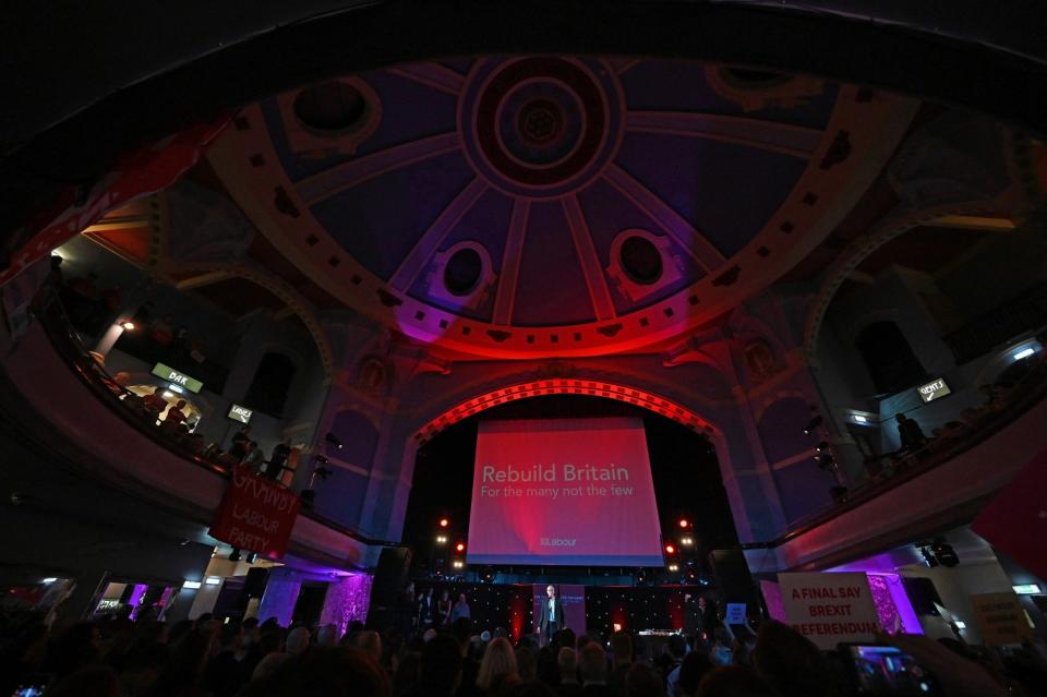 Britain's main opposition Labour Party leader Jeremy Corbyn speaks during a rally in Liverpool (AFP via Getty Images)