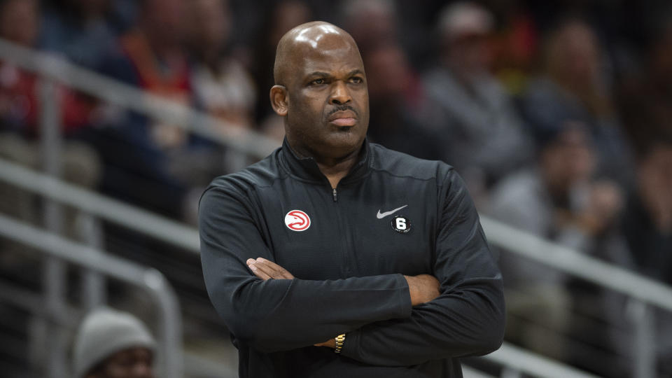 Atlanta Hawks head coach Nate McMillan watches the game from the sideline during the first half of an NBA basketball game against the San Antonio Spurs, Saturday, Feb. 11, 2023, in Atlanta. (AP Photo/Hakim Wright Sr.)