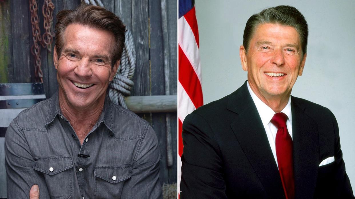 Side by side photos of Dennis Quaid and Ronald Reagan