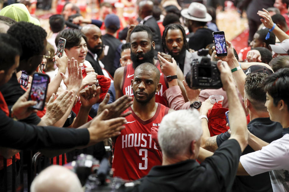 HOUSTON, TX - MAY 06:  Chris Paul #3 of the Houston Rockets and James Harden #13 walk to the locker room after Game Four of the Second Round of the 2019 NBA Western Conference Playoffs against the Golden State Warriors at Toyota Center on May 4, 2019 in Houston, Texas.  NOTE TO USER: User expressly acknowledges and agrees that, by downloading and or using this photograph, User is consenting to the terms and conditions of the Getty Images License Agreement.  (Photo by Tim Warner/Getty Images)