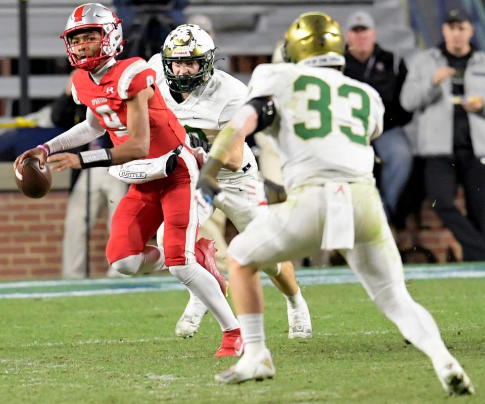 Quarterback KJ Lacey of Saraland, Ala., looks to pass against Mountain Brook High School in a state championship game in December. A four-star recruit, Lacey is one of five members of the 2025 class who have already pledged to Texas.