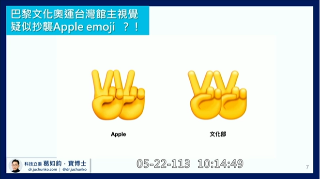 立委葛如鈞質疑，巴黎文化奧運台灣館主視覺疑有抄襲Apple的emoji之嫌。翻攝立法院議事直播