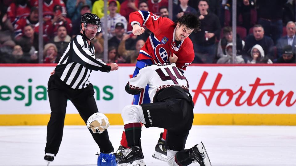 Montreal Canadiens rookie defenseman Arber Xhekaj put a beating on Arizona Coyotes forward Zach Kassian during the Habs' blowout win at the Bell Centre on Thursday. (Getty Images)
