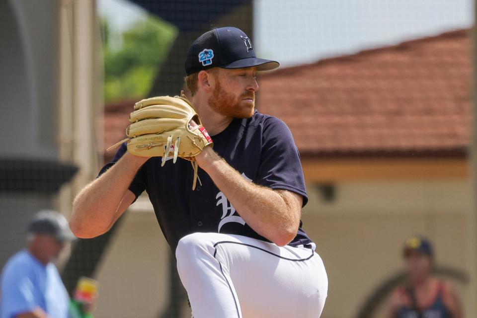 Detroit Tigers starting pitcher Spencer Turnbull (56) throws a pitch during the first inning against the New York Yankees at Publix Field at Joker Marchant Stadium in Lakeland, Florida, on Friday, March 10, 2023.