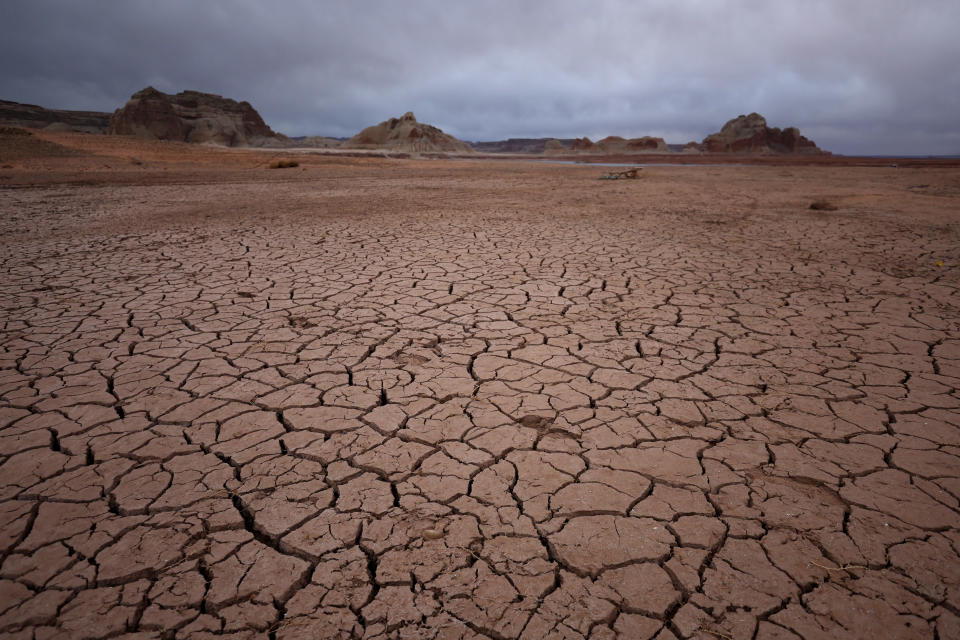 PAGE, ARIZONA - MARCH 28: Dry cracked earth is visible in an area of Lake Powell that was previously underwater on March 28, 2022 in Page, Arizona. As severe drought grips parts of the Western United States, water levels at Lake Powell dropped to their lowest levels since the lake was created by damming the Colorado River in 1963. Lake Powell is currently at 25 percent of capacity, a historic low, and has also lost at least 7 percent of its total capacity. The Colorado River Basin connects Lake Powell and Lake Mead and supplies water to 40 million people in seven western states. (Photo by Justin Sullivan/Getty Images)