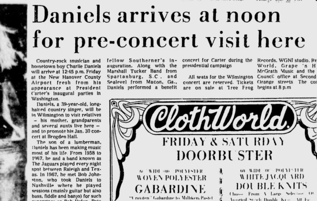 The article in the Jan. 21, 1977 Wilmington Morning Star announcing Charlie Daniels' scheduled arrival that day at New Hanover County Airport to promote The Charlie Daniels Band's Jan. 30 concert at Brogden Hall.