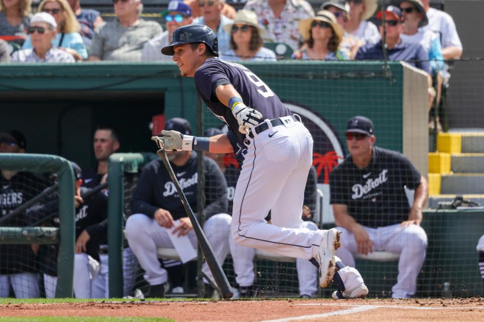 Detroit Tigers right fielder Nick Maton (9) runs to first base during the second inning against the New York Yankees at Publix Field at Joker Marchant Stadium in Lakeland, Florida, on Friday, March 10, 2023.