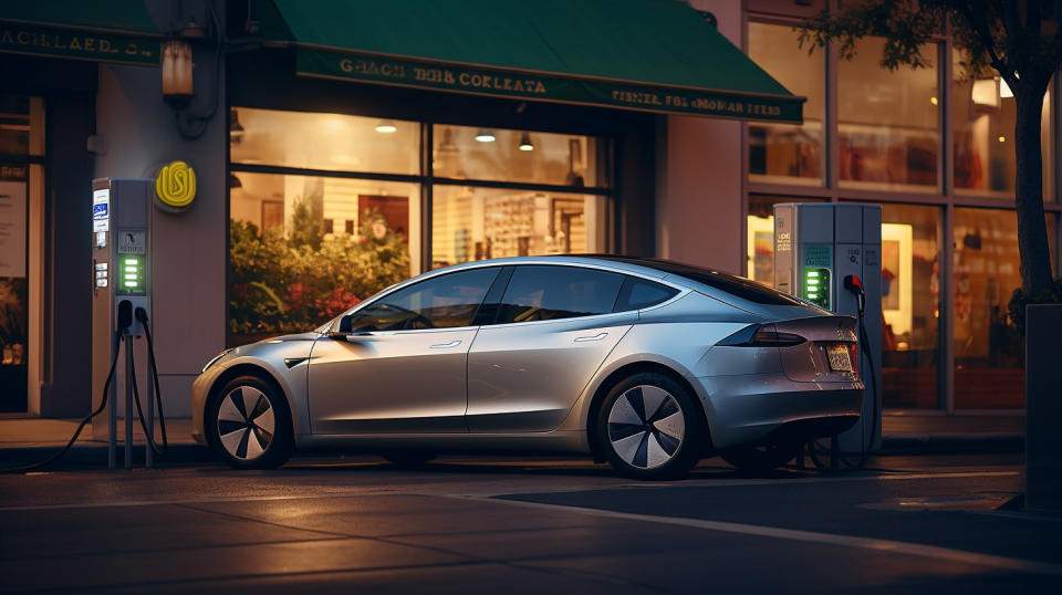 A battery powered electric vehicle charging in a city storefront.