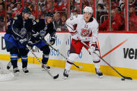 <p>WORST: They're not truly awful, but the striping on the sleeves and the swirl on the pants - not to mention the white gloves — are a little much. In this photo, Team Staal player Jeff Skinner of the Carolina Hurricanes controls the puck against Team Lidstrom players Duncan Keith and Jonathan Toews of the Chicago Blackhawks in the 2011 NHL All-Star Game at RBC Center in Raleigh, North Carolina. (Getty Images) </p>