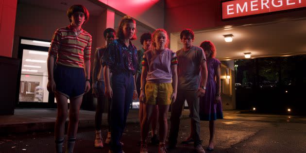 The cast of Stranger Things pictured during the show&#39;s third season