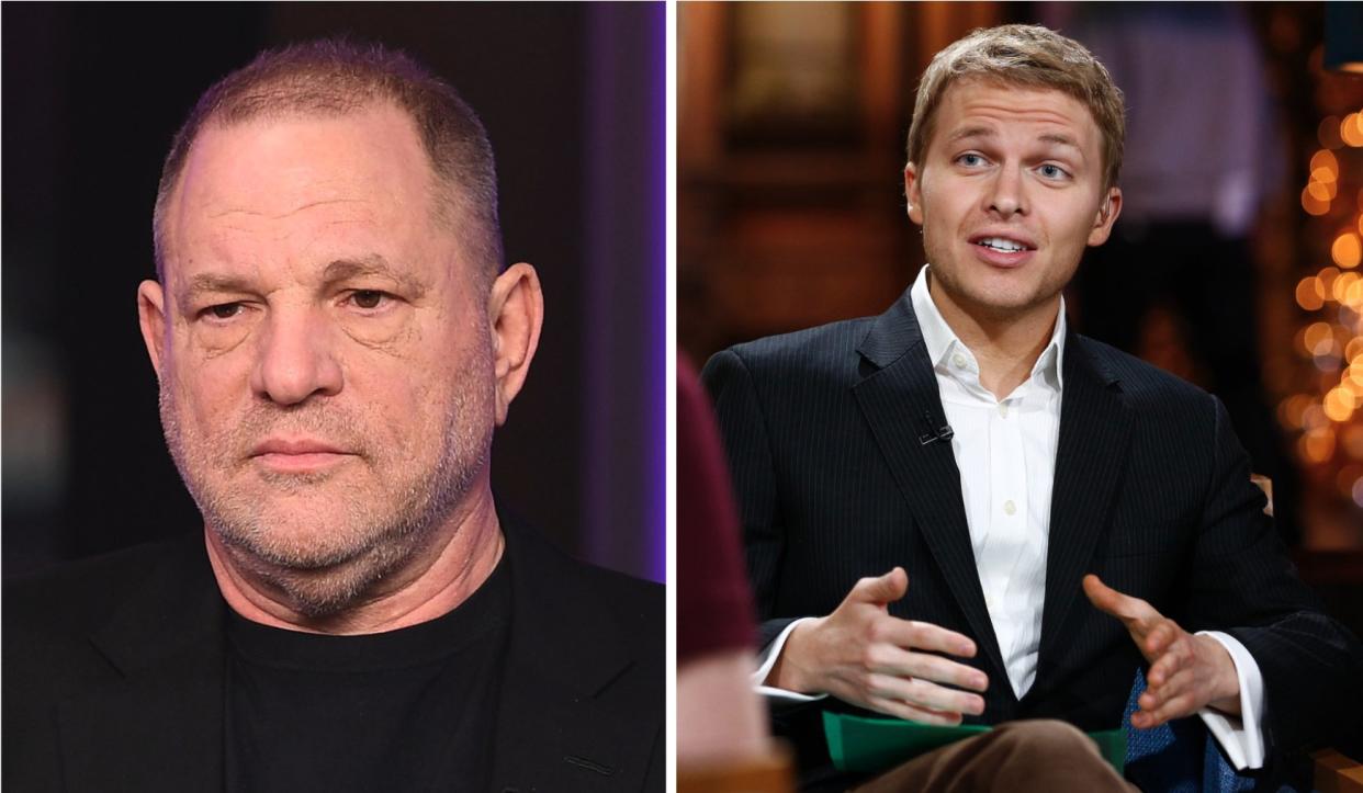 Side-by-side images of Harvey Weinstein and Ronan Farrow.