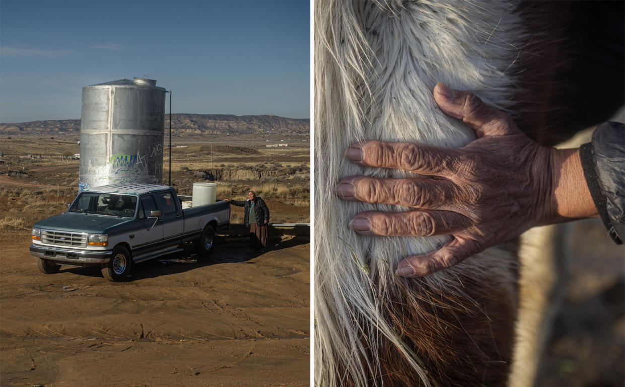 After a bumpy 4-mile drive in the eastern reaches of the Navajo Nation reservation in New Mexico, Help-Hood arrives at her local well.  (Sharon Chischilly for NBC News)