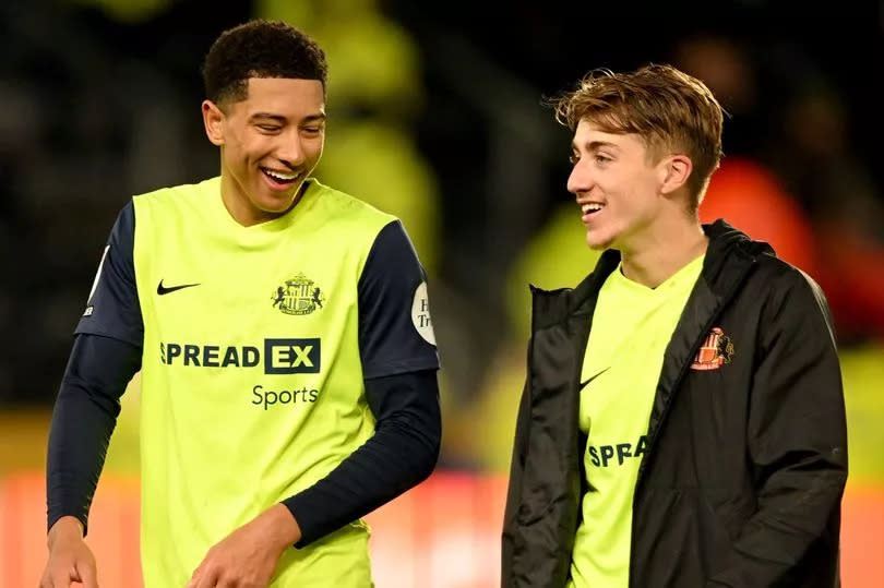 Jobe Bellingham (L) and Jack Clarke celebrate at full-time following Sunderland's win at Hull City