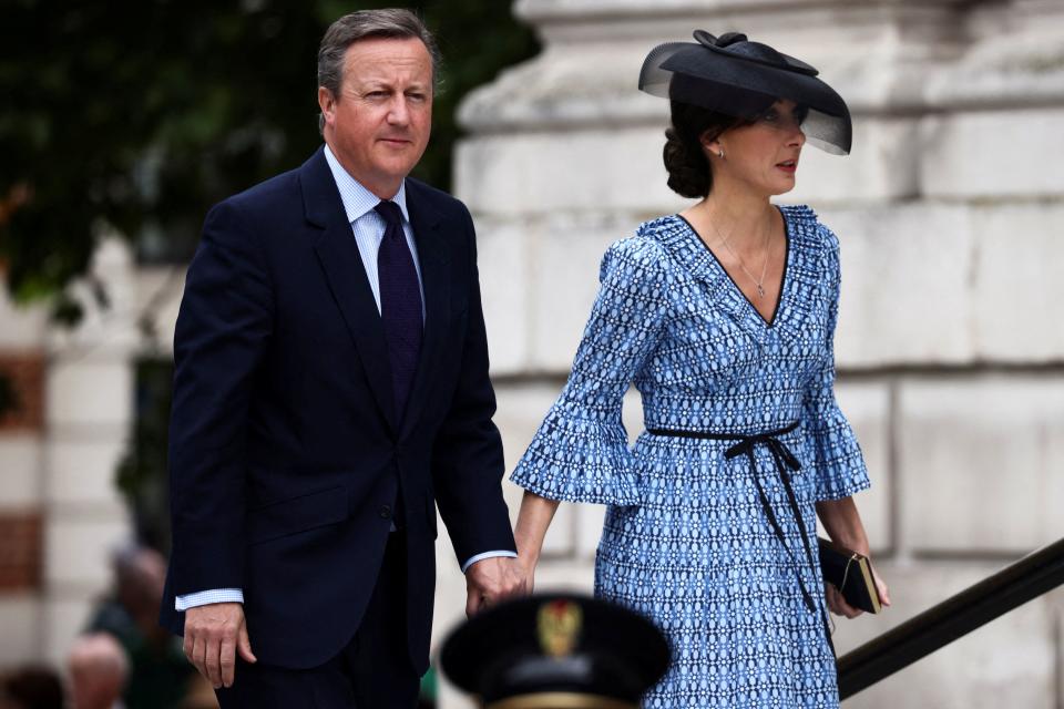 Britain's former prime minister David Cameron and his wife Samantha arrive to the National Service of Thanksgiving for The Queen's reign at Saint Paul's Cathedral in London on June 3, 2022 as part of Queen Elizabeth II's platinum jubilee celebrations. - Queen Elizabeth II kicked off the first of four days of celebrations marking her record-breaking 70 years on the throne, to cheering crowds of tens of thousands of people. But the 96-year-old sovereign's appearance at the Platinum Jubilee -- a milestone never previously reached by a British monarch -- took its toll, forcing her to pull out of a planned church service. (Photo by HENRY NICHOLLS / POOL / AFP) (Photo by HENRY NICHOLLS/POOL/AFP via Getty Images)