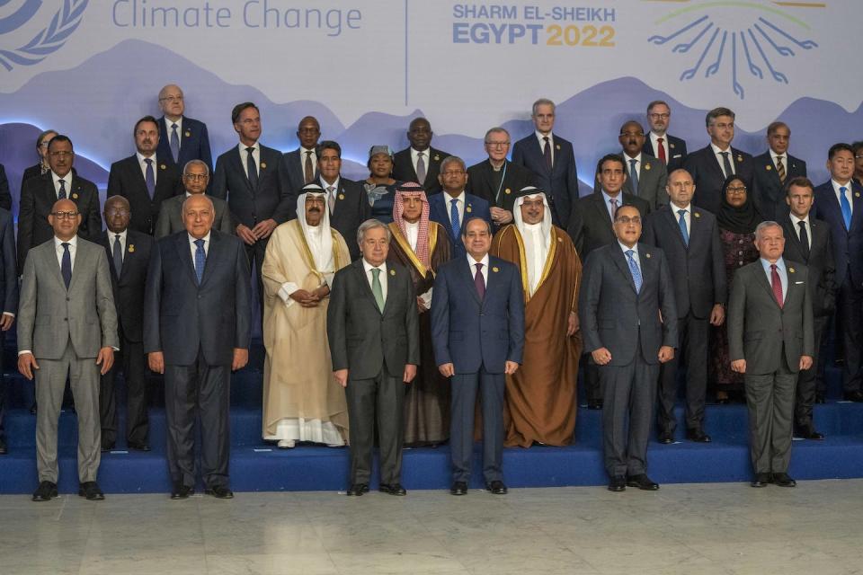 World leaders pose for a group photo at the COP27 UN climate summit in Sharm El-Sheikh, Egypt. (AP Photo/Nariman El-Mofty)
