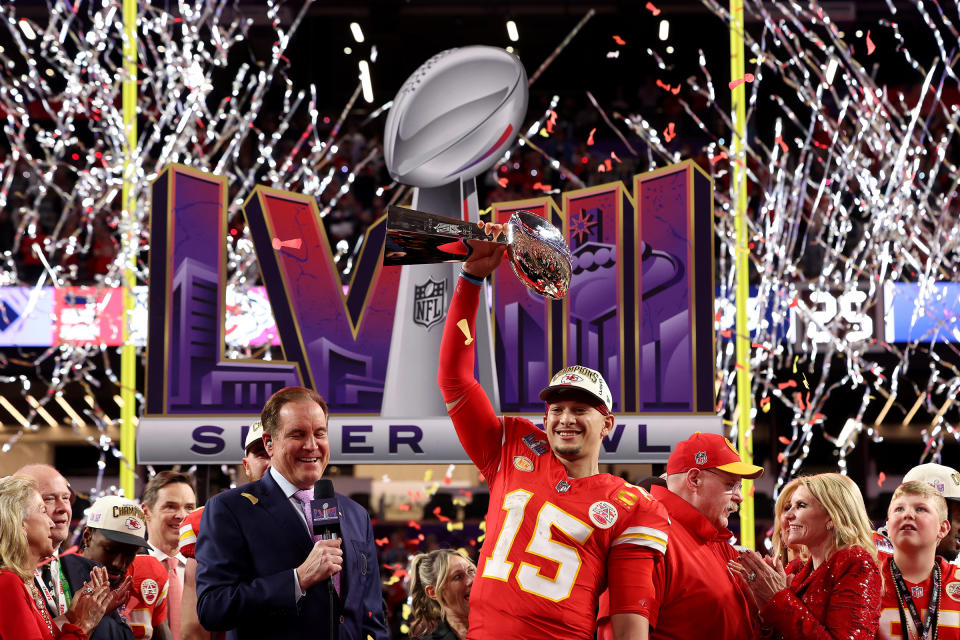 Mahomes holds the Lombardi Trophy after defeating the San Francisco 49ers during Super Bowl LVIII in Las Vegas on February 11, 2024<span class="copyright">Jamie Squire—Getty Images</span>