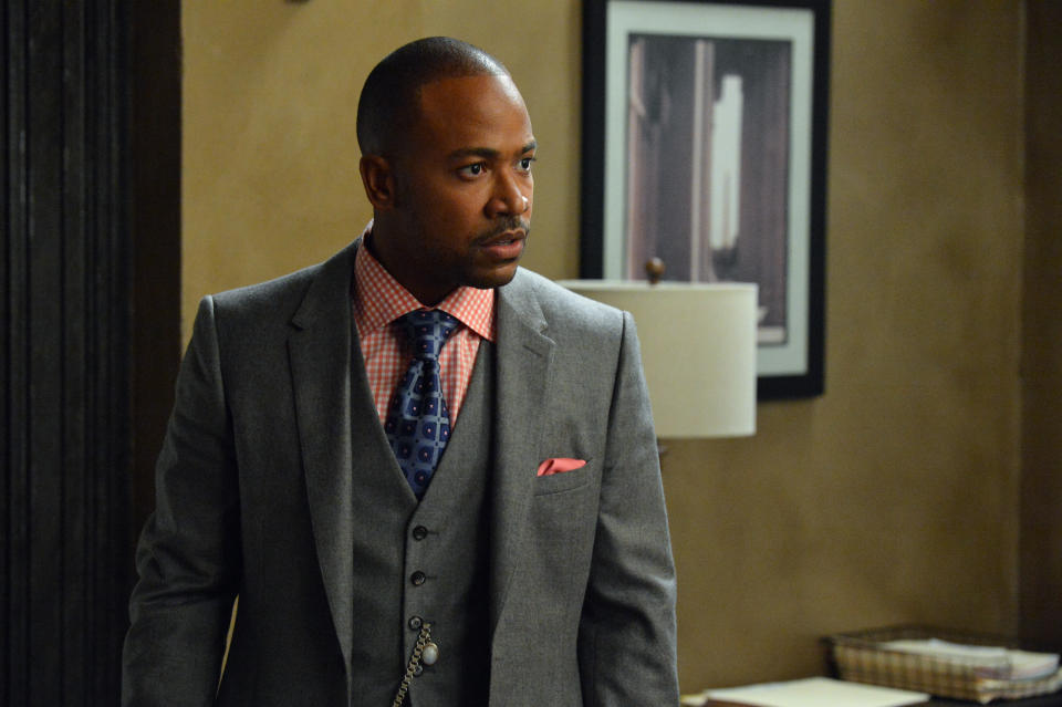 This image released by ABC shows Columbus Short portraying Harrison Wright in a scene from the TV series, "Scandal." The 31-year-old actor says in a statement on Friday, April 25, 2014, he's exiting the ABC political thriller after three seasons. (AP Photo/ABC, Eric McCandless)