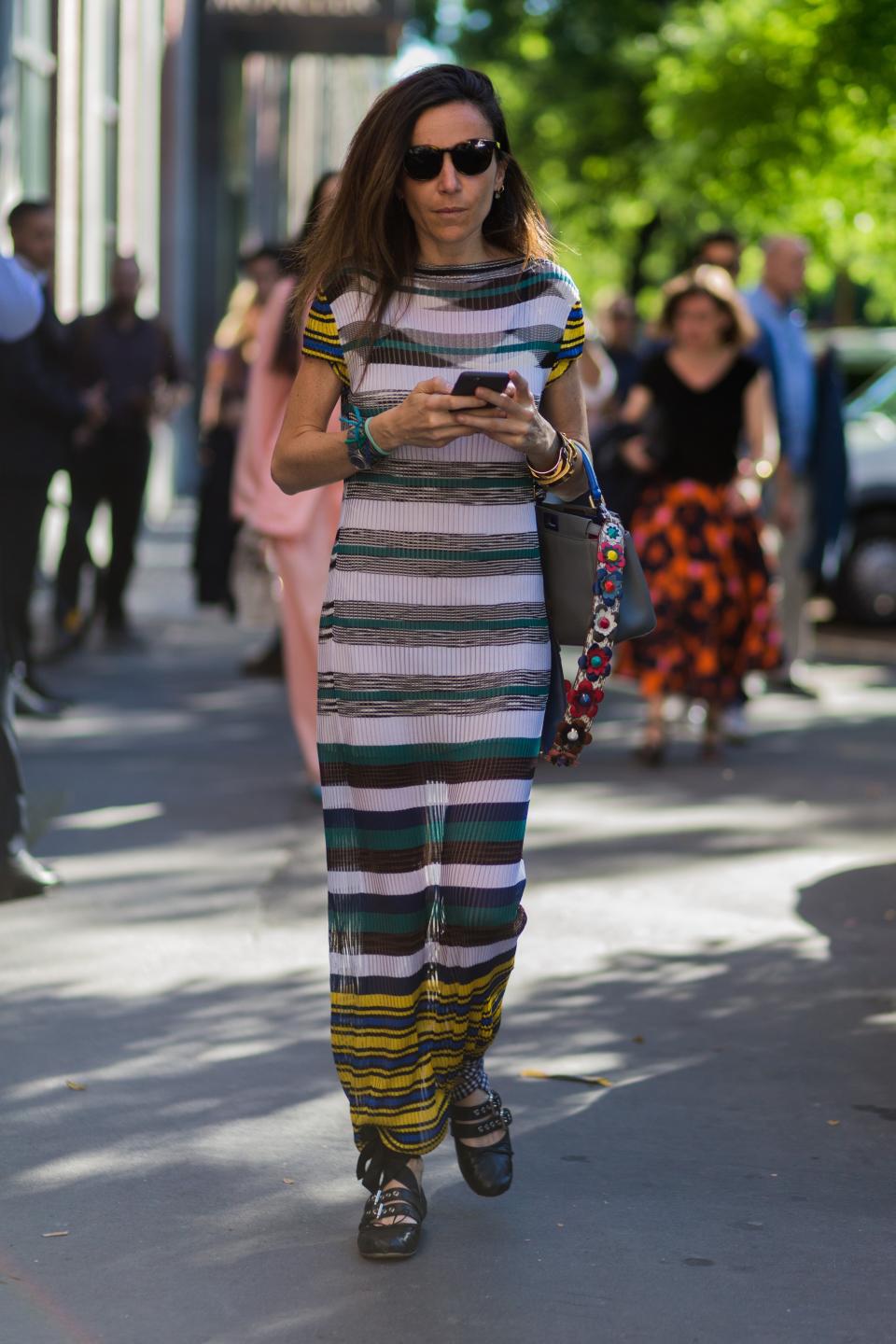 Dress + Flats + Embellished Bag