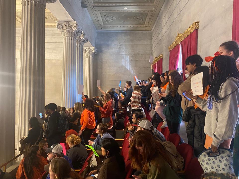 Crowd rallies for gun reform inside the Tennessee State Capitol Thursday, March 30, 2023