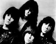 Members of the rock group the Ramones are shown in this February 1982 file photo. Singer Joey Ramone, top center, the punk rock icon whose signature yelp melded with the Ramones\' three-chord thrash to launch an explosion of bands like the Clash and the Sex Pistols, died Sunday. Ramone was hospitalized in March with lymphoma. He was 49. AP photo