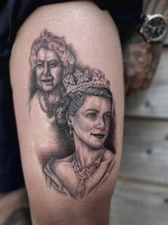 Pictured Graham Wilson. A proud devoted fan of the royals has had two images of Elizabeth II tattooed on his upper left leg. See SWNS story SWTPtattoo. Graham Wilson, 54, arranged for the tattoo as he sobbed with wife Michelle Croft, 53, after hearing of the late Queen’s death last Thursday. The grandad opted for the tattoo because he wanted his tribute to the late monarch to be with him all the time, and worried he might lose a picture on paper or canvas. Dedicated digger-driver Graham braved a total of 14 hours under the needle, costing him £1,400, for his picture. 