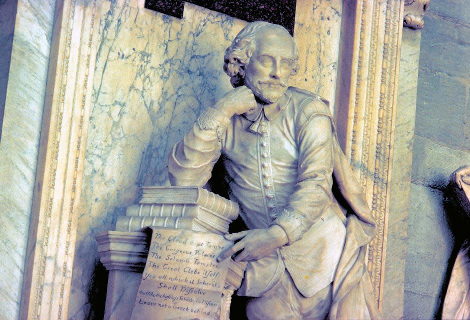 This March 17, 2009 photo provided by VisitBritain shows a monument to William Shakespeare in the Poets’ Corner at Westminster Abbey in London. Many famous British writers are memorialized here, including Charles Dickens and Geoffrey Chaucer, so it’s a popular destination for visitors on a literary tour of London. (AP Photo/VisitBritain)