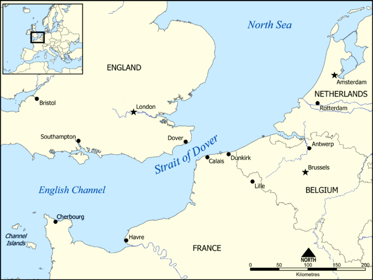 <span class="caption">Strait of Dover map.</span> <span class="attribution"><span class="source">wikipedia</span>, <a class="link " href="http://creativecommons.org/licenses/by-sa/4.0/" rel="nofollow noopener" target="_blank" data-ylk="slk:CC BY-SA;elm:context_link;itc:0;sec:content-canvas">CC BY-SA</a></span>