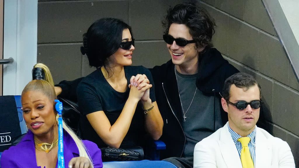 new york, new york september 10 kylie jenner and timothee chalamet are seen at the final game with novak djokovic vs daniil medvedev at the 2023 us open tennis championships on september 10 2023 in new york city photo by gothamgc images