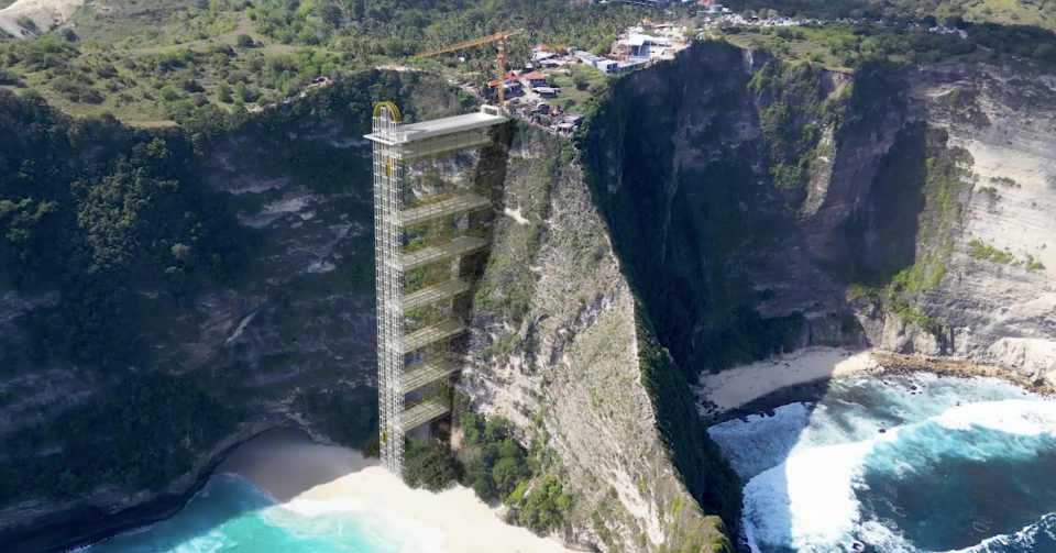 An artist's impression shows the 182-metre viewing platform and glass elevator pictured above Kelingking Beach in Bali.