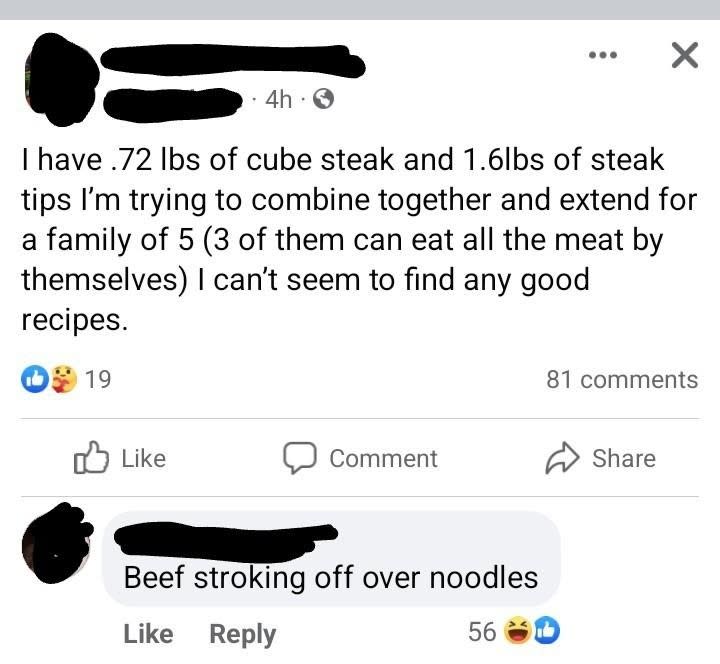 "I have .72 lbs of cube steak and 1.6 lbs of steak tips; I'm trying to combine together and extend for a family of 5 (3 of them can eat all the meat by themselves); I can't seem to find any good recipes"; response: "Beef stroking off over noodles"