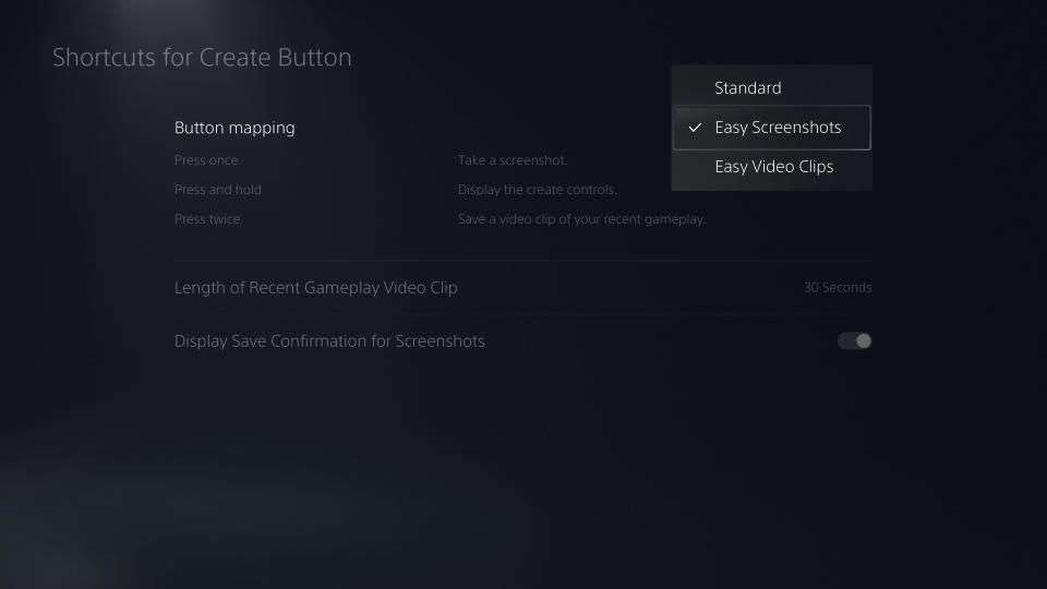A screenshot of the Shortcuts for Create Button menu on the PlayStation 5.