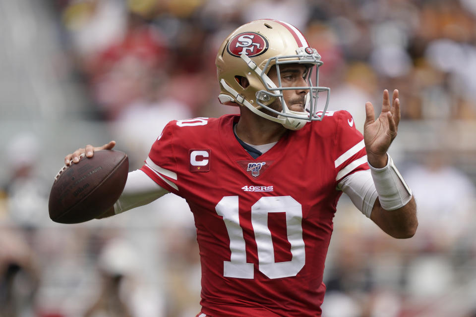 San Francisco 49ers quarterback Jimmy Garoppolo (10) passes against the Pittsburgh Steelers during the first half of an NFL football game in Santa Clara, Calif., Sunday, Sept. 22, 2019. (AP Photo/Tony Avelar)