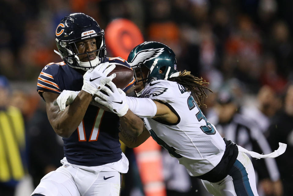 <p>Cre’von LeBlanc #34 of the Philadelphia Eagles defends against Anthony Miller #17 of the Chicago Bears in the second quarter of the NFC Wild Card Playoff game at Soldier Field on January 06, 2019 in Chicago, Illinois. (Photo by Dylan Buell/Getty Images) </p>