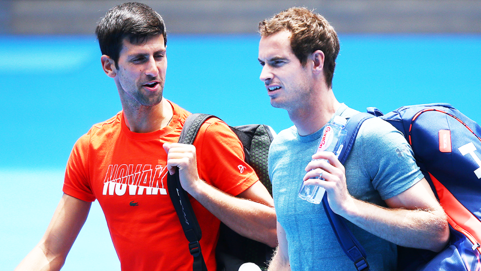 Novak Djokovic (pictured left) and Andy Murray (pictured right) talk after tennis training.