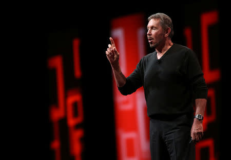 FILE PHOTO: Oracle's Executive Chairman of the Board and Chief Technology Officer Larry Ellison speaks during his keynote address at Oracle OpenWorld in San Francisco, California September 30, 2014. REUTERS/Robert Galbraith/File Photo