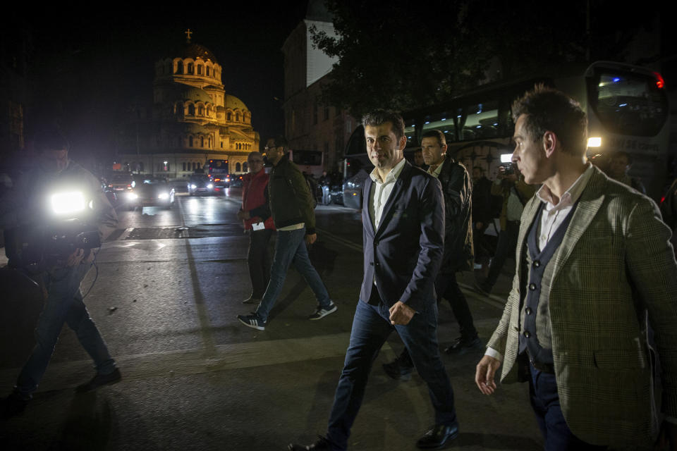 Kiril Petkov, leader of "We Continue the Change," walks near Alexander Nevsky Cathedral in Sofia, Bulgaria, after conceding defeat late Sunday, Oct. 2, 2022. An exit poll in Bulgaria suggested Sunday that the center-right GERB party of ex-premier Boyko Borissov, a party blamed for presiding over years of corruption, will be the likely winner of the country's parliamentary election. (AP Photo/Visar Kryeziu)
