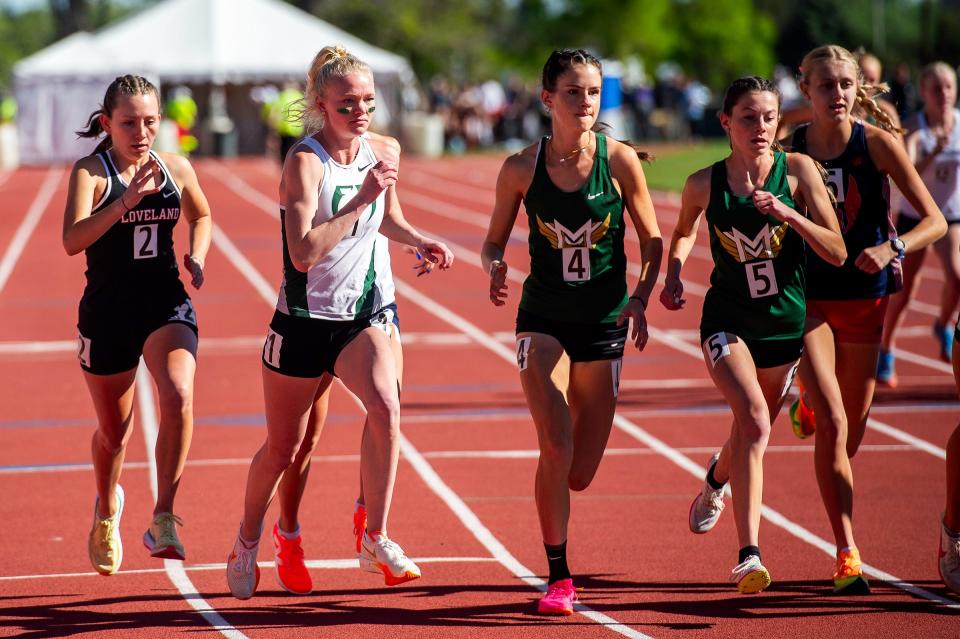 Fossil Ridge's Tatum Berg starts off her 3200 meter race during the Colorado track & field state championships on Thursday, May 16, 2024 at Jeffco Stadium in Lakewood, Colo.