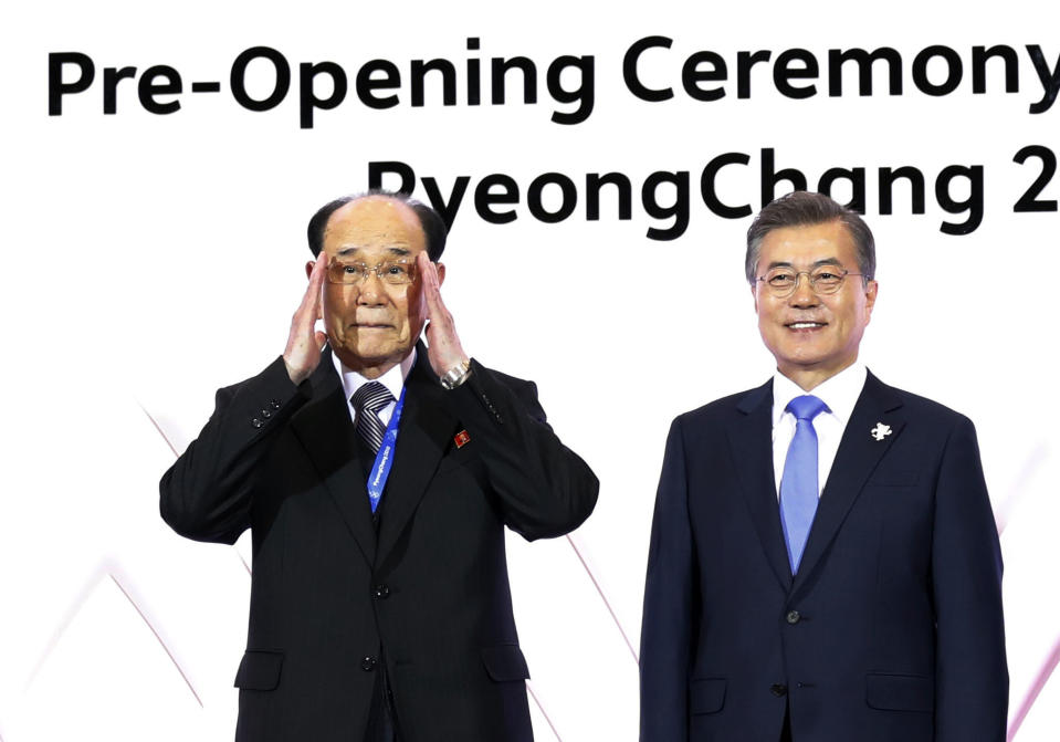 FILE - In this Feb. 9, 2018 file photo, South Korean President Moon Jae-in, right, and Kim Yong Nam, president of the Presidium of the Supreme People's Assembly of North Korea, pose for photographs during the Olympic opening ceremony reception in Pyeongchang, South Korea. South Korea’s liberal president faces growing skepticism at home about his engagement policy ahead of his third summit with North Korean leader Kim Jong Un. A survey showed nearly half of South Koreans think next week’s summit won’t find a breakthrough to resolve a troubled nuclear diplomacy. It comes as Moon’s approval rating is declining amid economic frustrations. (Kim Hong-ji/Pool Photo via AP, File)