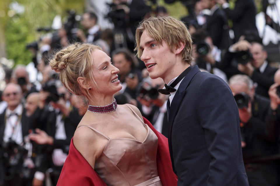 Uma Thurman, left, and Levon Hawke pose for photographers upon arrival at the opening ceremony and the premiere of the film 'Jeanne du Barry' at the 76th international film festival, Cannes, southern France, Tuesday, May 16, 2023. (Photo by Vianney Le Caer/Invision/AP)