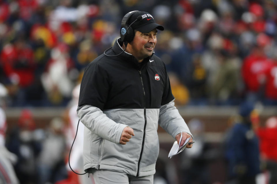 Ohio State head coach Ryan Day reacts after a touchdown in the second half of an NCAA college football game against Michigan in Ann Arbor, Mich., Saturday, Nov. 30, 2019. (AP Photo/Paul Sancya)