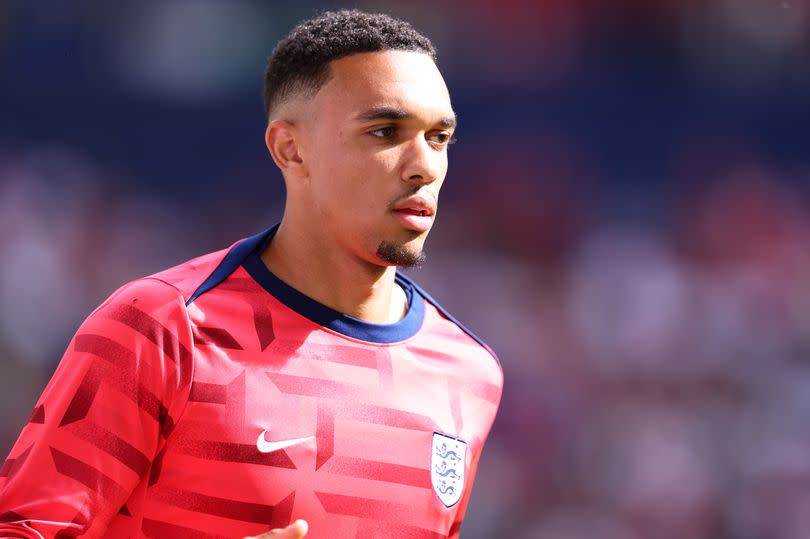 Trent Alexander-Arnold of England warm up prior to the UEFA EURO 2024 quarter-final match between England and Switzerland at Düsseldorf Arena on July 6, 2024 in Dusseldorf, Germany.