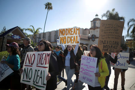 DACA recipients and supporters protest for a clean Dream Act outside Disneyland in Anaheim, California U.S. January 22, 2018. REUTERS/Lucy Nicholson
