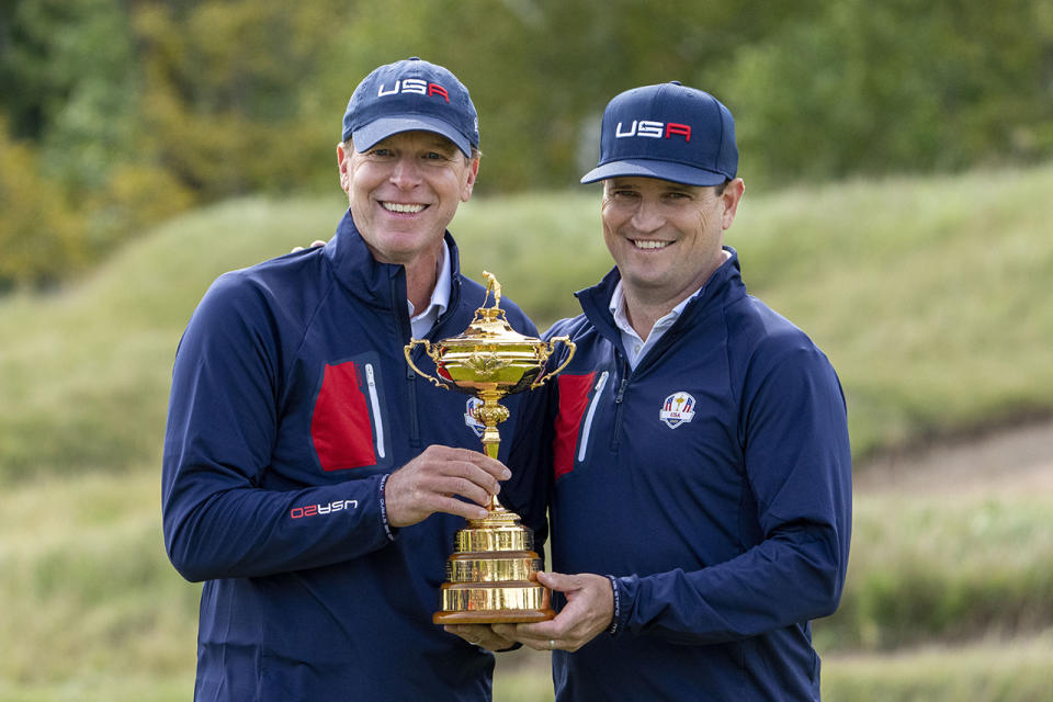 Team USA captain Steve Stricker (left) and vice-captain Zach Johnson (right) pose for a photo during a practice round for the 43rd Ryder Cup golf competition at Whistling Straits. Mandatory Credit: Kyle Terada-USA TODAY Sports