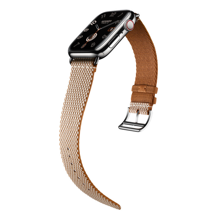 APPLE WATCH HERMES 9系列_45 mm銀色不銹鋼錶殼_金色搭配米色_尼龍編織 Toile H 單圈錶款_ NT$ 42,400