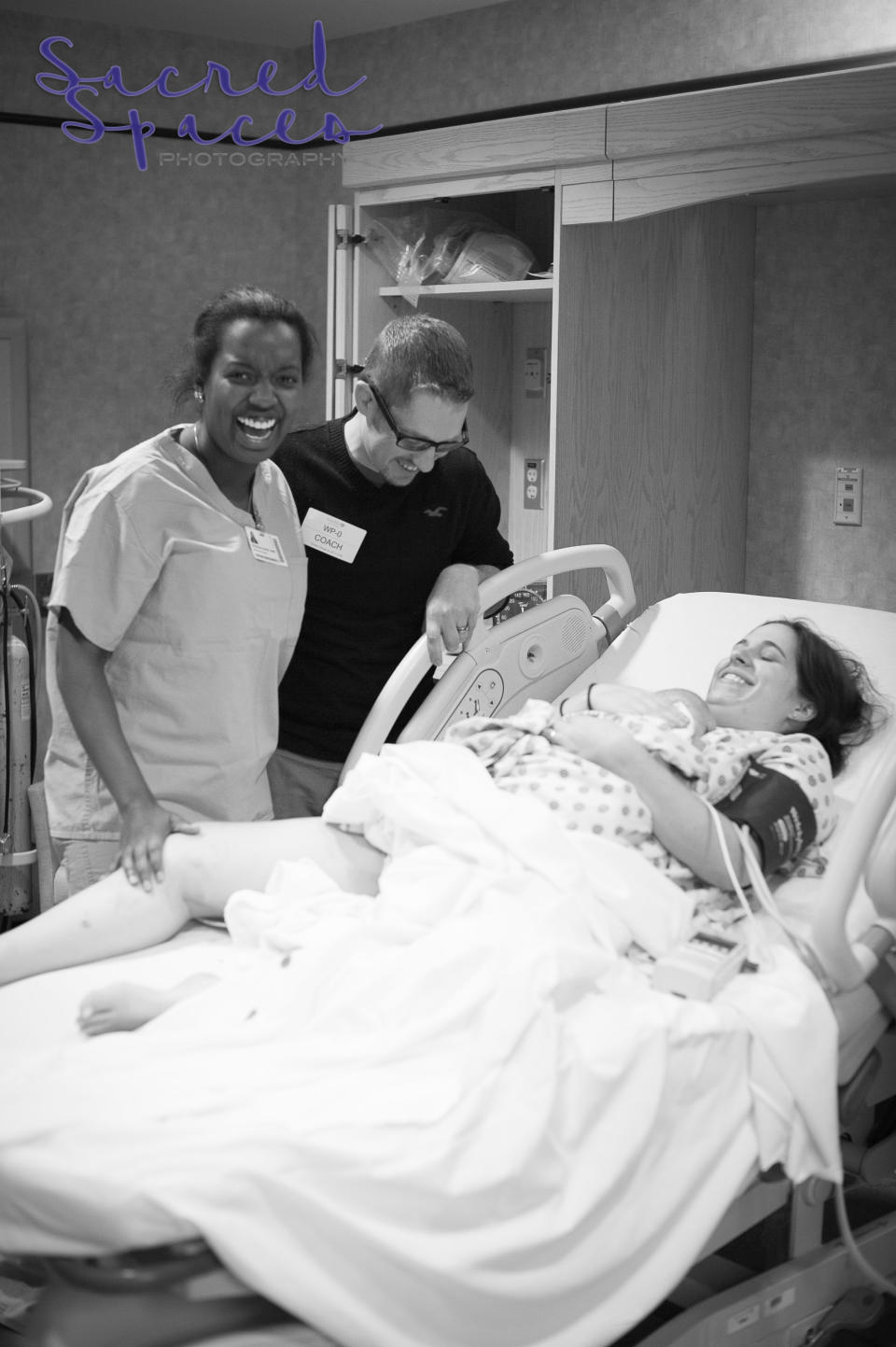 "This mom, dad and midwife are all laughing because the mom had her baby before she even made it to the birthing center. She had dreamed of this amazing, serene birth &mdash; and ended up on a small table in an exam room. At that point, all you can do as a midwife is support your patient."