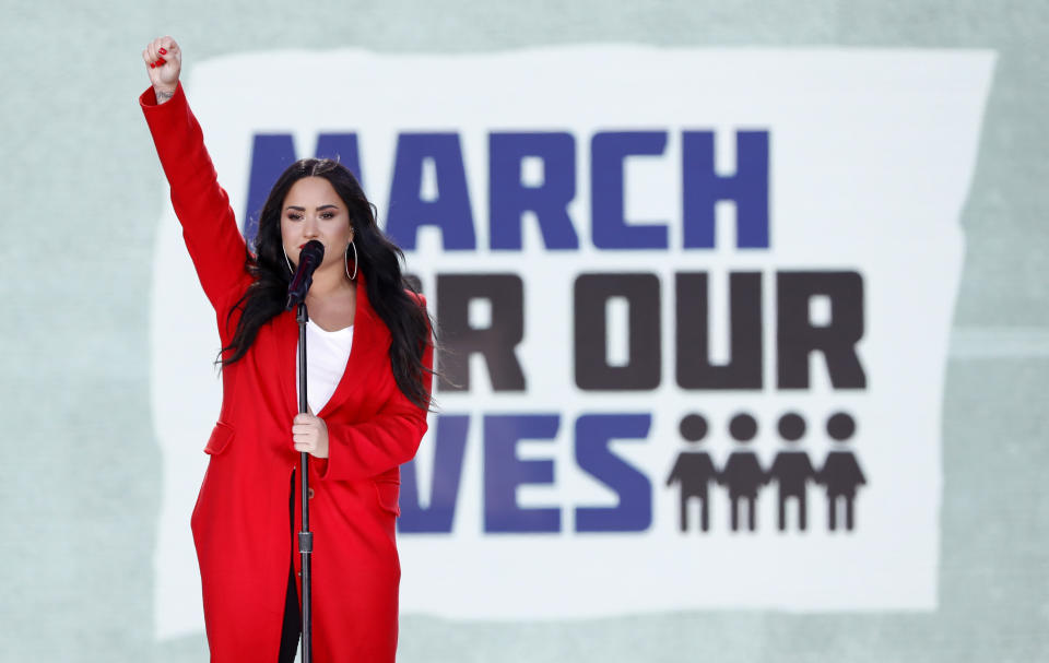 <p>Singer Demi Lovato salutes the crowd after performing the song “Skyscraper” during the “March for Our Lives” event demanding gun control after recent school shootings at a rally in Washington, U.S., March 24, 2018. (Aaron P. Bernstein/Reuters) </p>