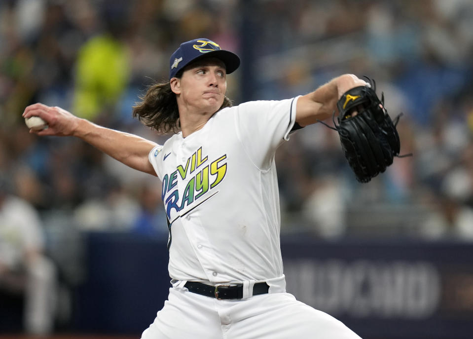 FILE - Tampa Bay Rays starting pitcher Tyler Glasnow throws against the Texas Rangers during the first inning of Game 1 in an AL wild-card baseball playoff series game Oct. 3, 2023, in St. Petersburg, Fla. The Los Angeles Dodgers have a tentative trade with the Rays to acquire right-hander Glasnow and outfielder Manuel Margot for pitcher Ryan Pepiot and outfield prospect Jonny Deluca, a person familiar with the agreement told The Associated Press, Thursday, Dec. 14, 2023. (AP Photo/John Raoux, File)