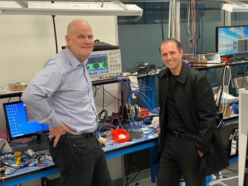 Keyssa Inc CEO Eric Almgren and Chief Wireless Strategist Ruben Caballero in one of the company's labs in Campbell, California